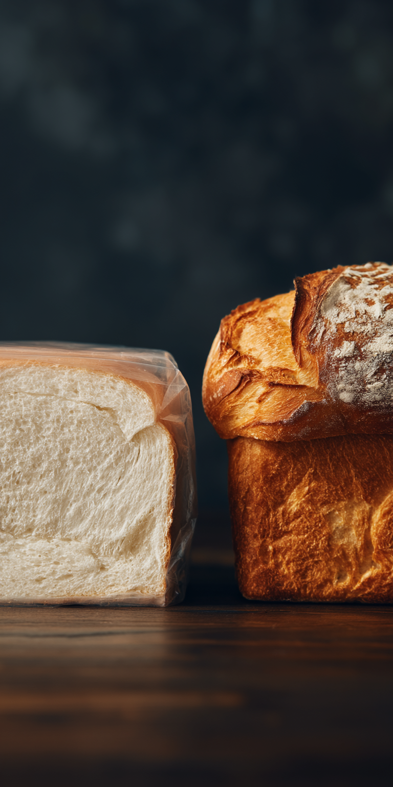 Industrial sandwich loaf beside a stone-ground loaf